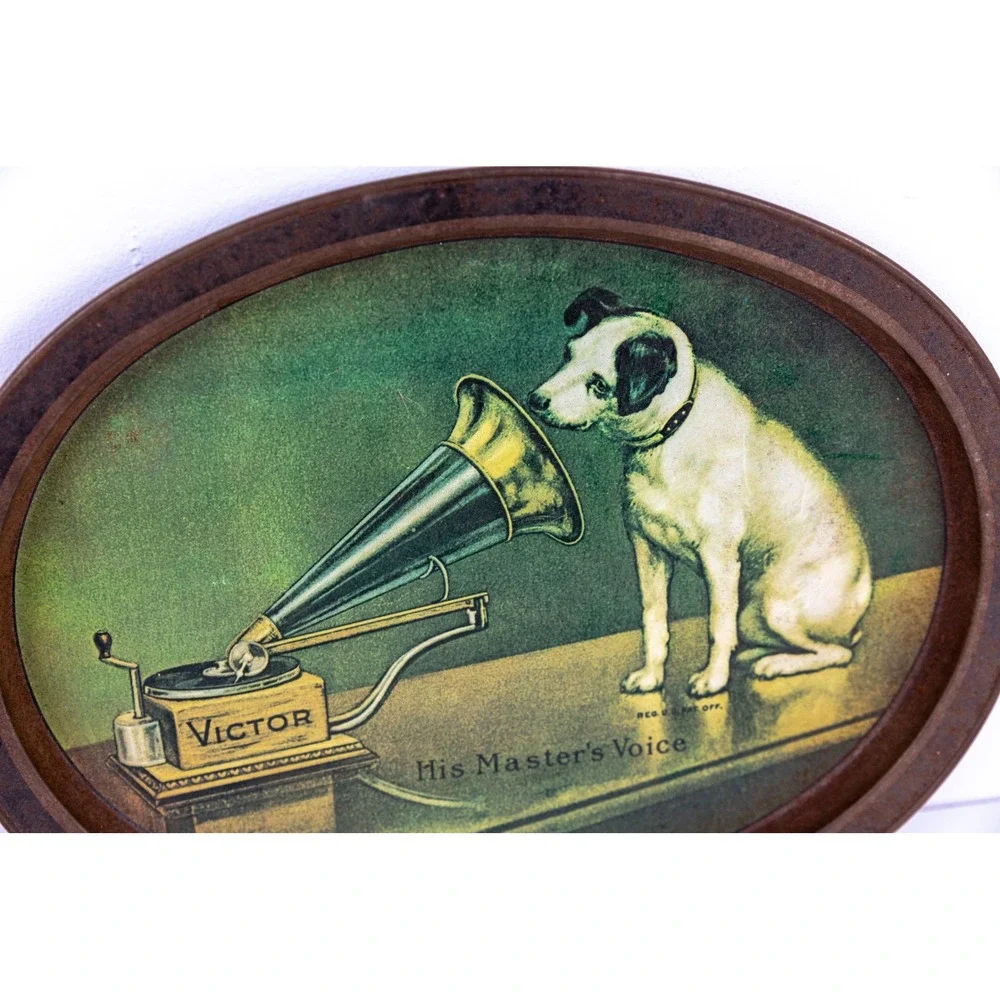 Vintage Victor His Masters Voice Nipper Dog Oval Tin Tray Rustic Music Decor 13